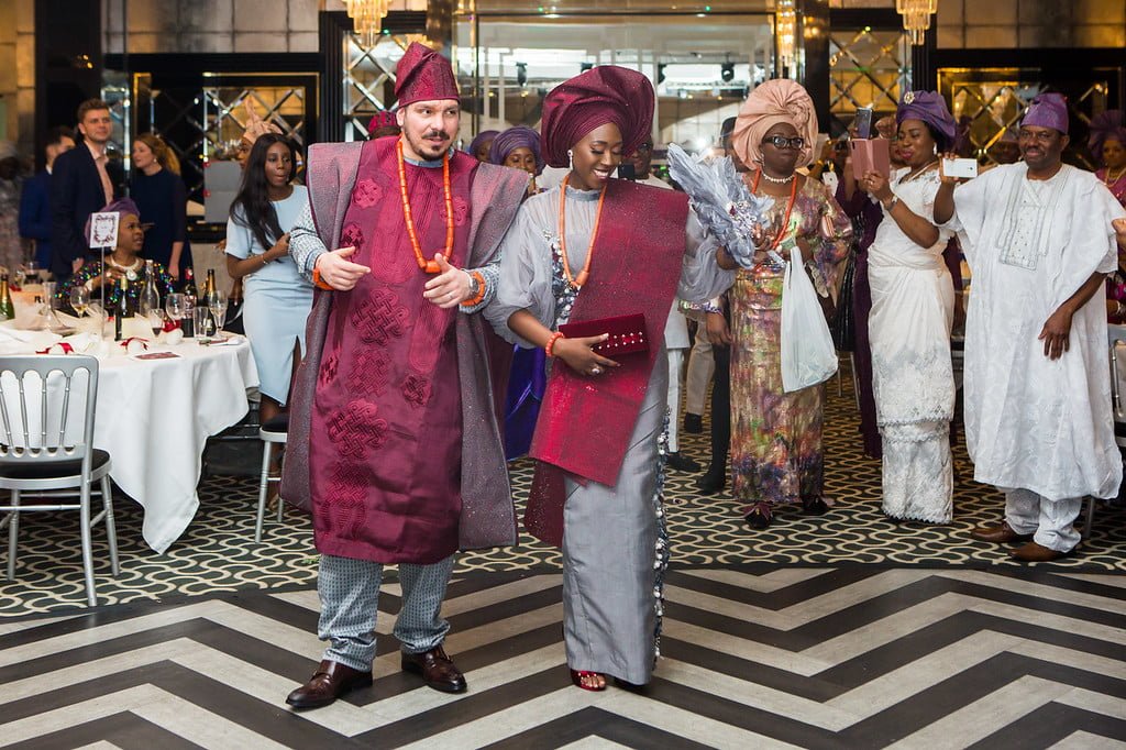 Bride and Groom in Burgundy and Grey Aso Oke